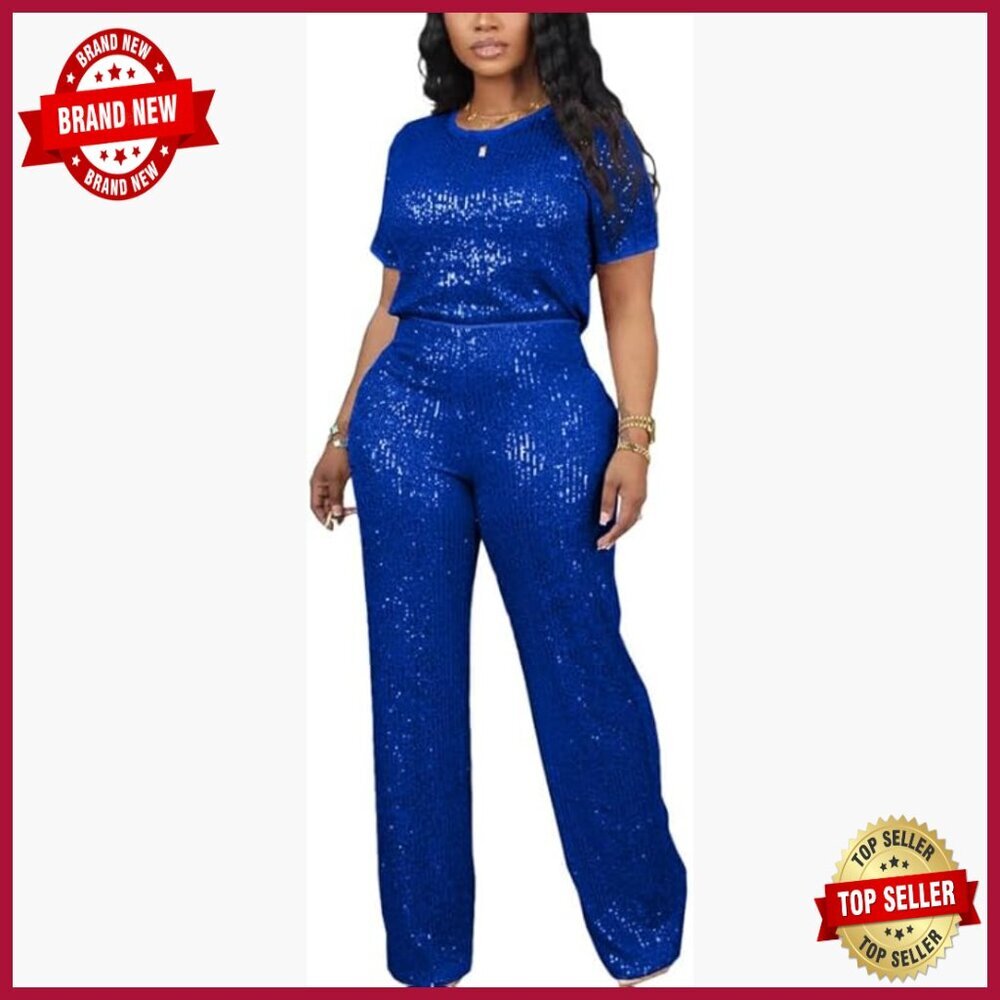 Sequin Two Piece Set Glitter Top Sparkly Pants Suit Party Outfit